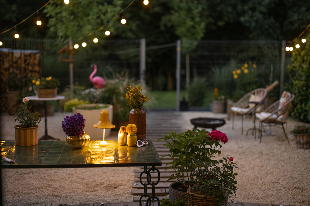 Table with Light Decoration on the Backyard